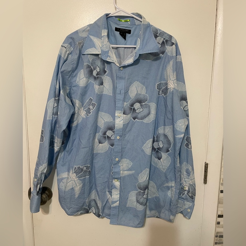 J. Ferrar Men’s XXL 100% Cotton long sleeve blue white Floral Button up Shirt